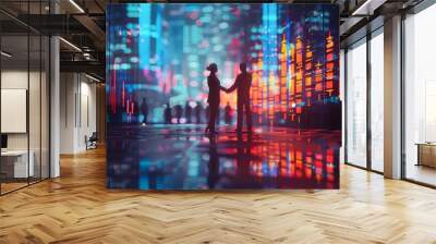 Silhouetted business professionals shaking hands in a digital cityscape, displaying stock market data ideal for finance, business partnerships Wall mural