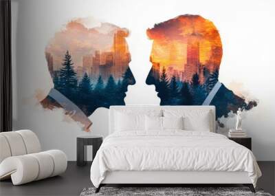 Silhouettes of two individuals facing each other with a double exposure effect of urban and natural landscapes within their profiles, ideal for themes of contrast, duality Wall mural