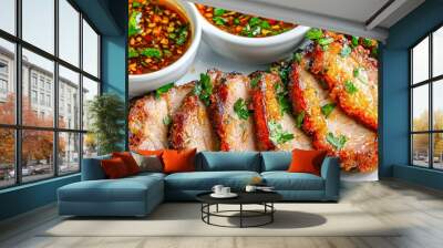 Sliced grilled pork garnished with fresh herbs, served with two dipping sauces in white bowls, perfect for advertising restaurants, food blogs Wall mural