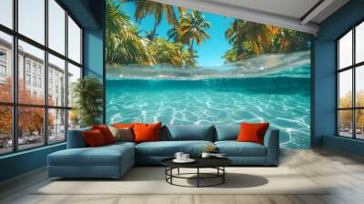 Tropical island with palm trees and clear turquoise water, half underwater view, showcasing serene and picturesque paradise. Wall mural