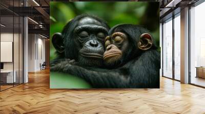 Two chimpanzees embrace tenderly with eyes closed amidst dense greenery, capturing an intimate moment of affection perfect for themes of love, wildlife, or family bonds, Wall mural