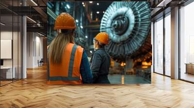 Two engineers in orange safety gear inspect a large turbine in an industrial facility, suitable for articles on engineering, energy, and industrial safety practices, Wall mural