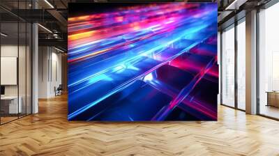 Vibrant lines of colored light create an abstract visual representation, suitable for technology, music, or art-themed projects, evoking a sense of energy and modernity, Wall mural