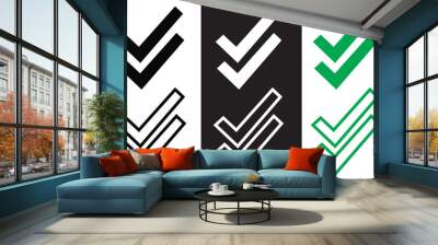 Double checking icon. Green, black and white double tick, check mark. Flat done sticker icon isolated on white and black. Accept button. Good for web and software interfaces. EPS 10 Wall mural