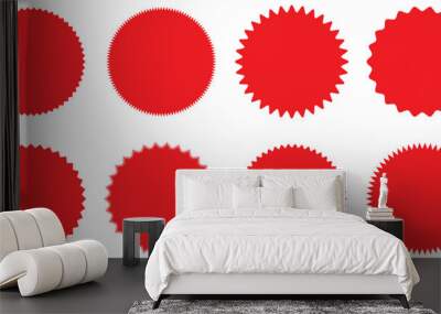 Starburst red sticker set - collection of special offer sale round and oval sunburst labels and buttons isolated on white background. Promotional sticky notes and labels. Wall mural