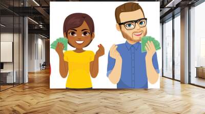 Group of four diverse people showing money and gesturing with hands Wall mural