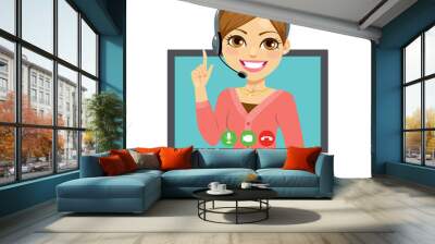 Illustration of call center woman operator wearing headset on laptop screen online support concept Wall mural