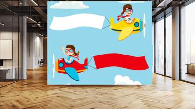 Little pilot kids on airplane with white and red blank banner Wall mural