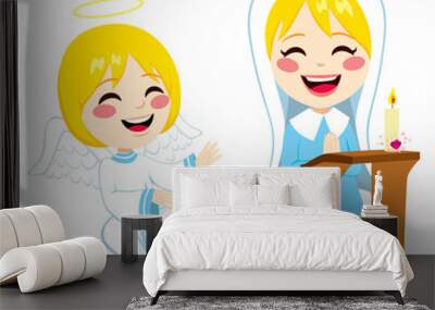 Mary praying happy and angel Gabriel bringing good news about Jesus birth Wall mural