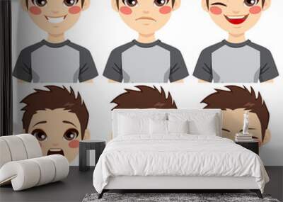 Teenage boy making six different face expressions set Wall mural