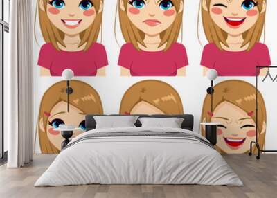 Teenage girl making six different face expressions set with pink shirt Wall mural