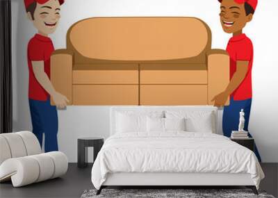 Two delivery workers holding couch working helping on real estate moving Wall mural