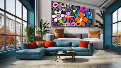 A vibrant floral artwork displayed in a modern living room setting. Wall mural