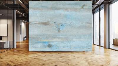 Watercolor blue wood background. Light blue wood texture of pine board with knots. Blue washed wood texture. Wood table top view. Wall mural