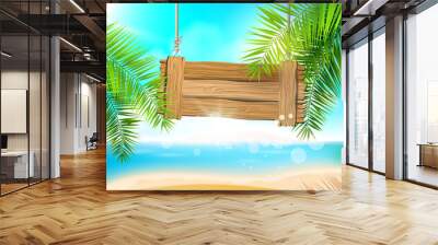 Summer beach background with wooden sign Wall mural