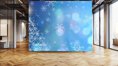 blue christmas background with christmas tree bokeh and snowflake effect Wall mural