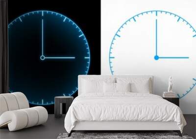 blue glow futuristic analog clock with holographic design transparent background. Wall mural