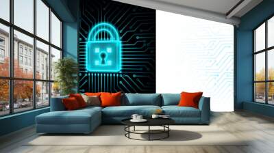 Cyber security concept: circuit board with closed padlock icon on it. Blue padlock with circuit line futuristic design. Futuristic protection background blue glow transparent background Wall mural