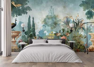 A vibrant peacock perched on a silver urn in a lush green garden with white flowers and a vintage aesthetic, evoking tranquility and beauty. background , wallpaper  Wall mural