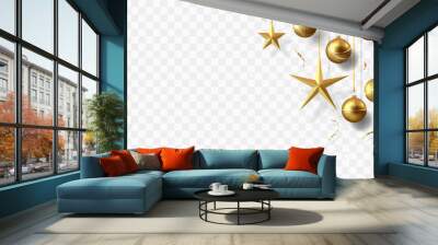 Gold christmas balls with shadow and confetti isolated on transparent background	 Wall mural