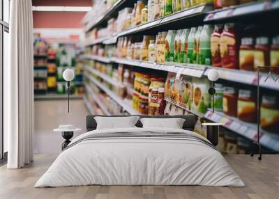 A grocery store aisle with labels indicating healthy alternatives.  Wall mural