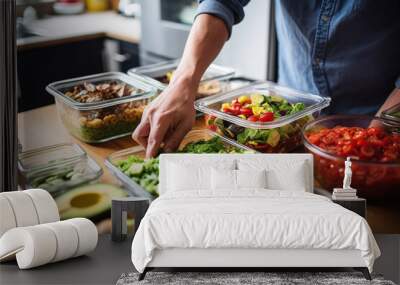 A person doing meal prep with containers filled with healthy food for the week. Wall mural