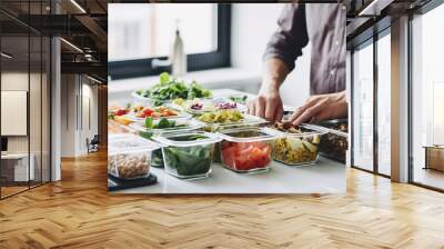 A person doing meal prep with containers filled with healthy food for the week. Wall mural