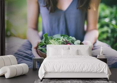 A person meditating or practicing mindfulness, highlighting the mental well-being aspect of healthy food choices.  Wall mural