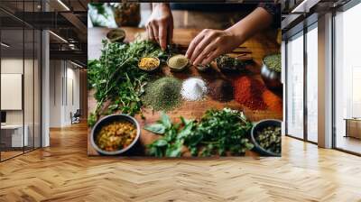 A person using herbs and spices to add flavor to meals instead of excessive salt. Wall mural