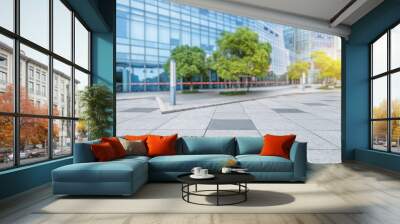 Empty brick floor with modern building in Shanghai Wall mural