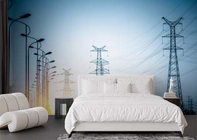 High voltage towers at sunset Wall mural