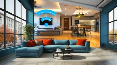 A blue wifi symbol and a black tablet on a wooden table in a modern living room, showcasing the concept of smart home technology and connectivity. 
 Wall mural