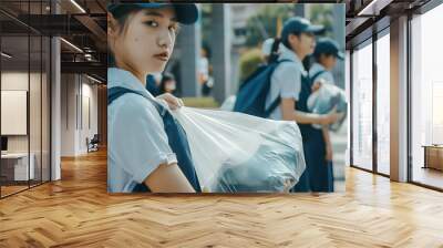 A young woman in a white and blue uniform carries a plastic bag, a youthful and carefree feeling of a school day. 
 Wall mural