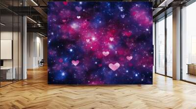 Pink and purple hearts on a starry blue background. Wall mural