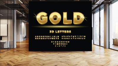 3D Gold Alphabet Letters, Numbers and Symbols. 3D Elegant Font. abc a to z golden alphabets letters golden fonts bold gold bar font typeface Wall mural