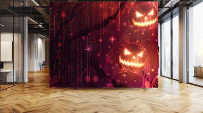 halloween spooky pumpkin lanterns on cyber space network abstract background  Wall mural