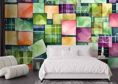 multi-color geometric abstract pattern - watercolors wallpaper with colorful blocks  Wall mural