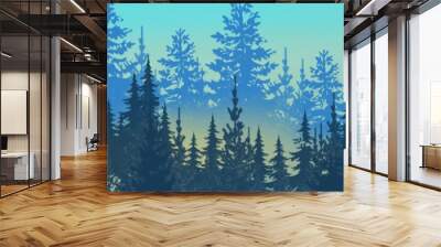 winter wonderland magical pine forest with glowing lights, mist and mood, snowy, wintery woodland treeline in wide header banner illustration Wall mural