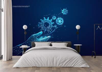 Gears. Mechanical technology machine engineering symbol in hand. Abstract wireframe low polygonal 3D gears. Wall mural