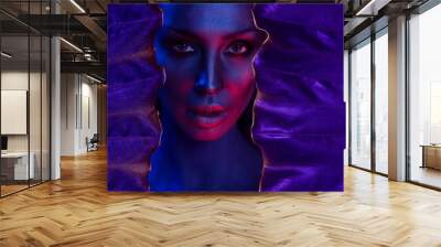 Art neon Portrait of Beautiful Sexy Young Woman with glamorous mystical makeup Wall mural