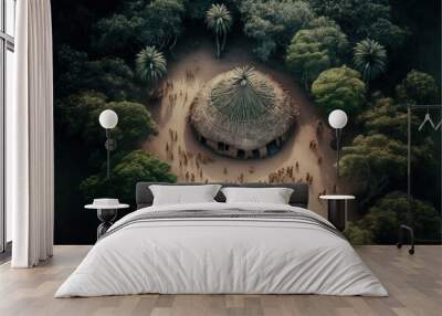 Aerial view of indigenous tribe huts in forest, Digital illustration, Generative AI
 Wall mural