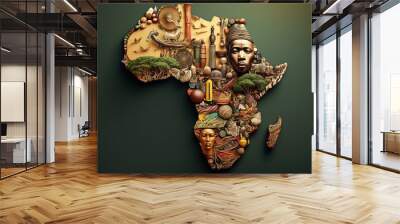 Africa map mosaic, map of africa made from objects of african culture, black history, Generative AI Wall mural