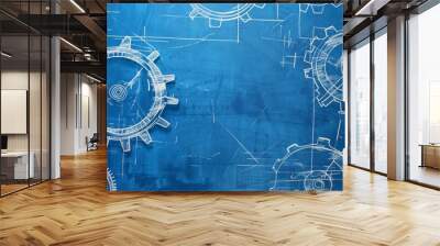 blueprint of mechanical engineering with gears and white lines, mechanical engineering project Wall mural