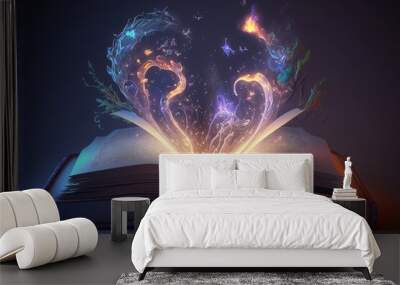 Book of spells, open magic book coming out mystical energy, Generative AI Wall mural