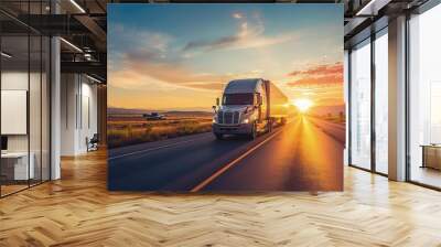 Box truck on the road at sunset, cargo truck Wall mural