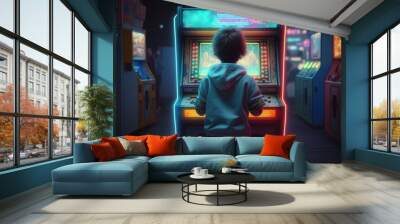 Boy playing arcade machine with neon lights, Back view of boy playing arcade machine Generative AI Wall mural