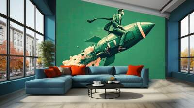 Business man flying on top of rocket, startup creation concept,  green background, digital illustration, Generative AI Wall mural