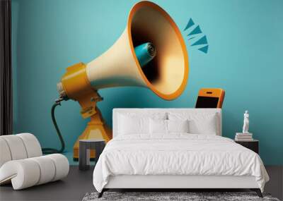 Cell phone and megaphone, Marketing and advertisement concept, blue background, Generative AI Wall mural