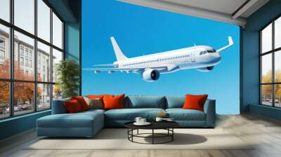 Commercial plane isolated on blue background, white aircraft, Twin-engine jet aircraft, Generative AI Wall mural