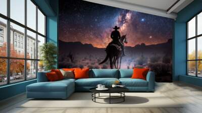 Cowboy riding a horse in the desert at night with the Milky Way in the sky, Generative AI Wall mural